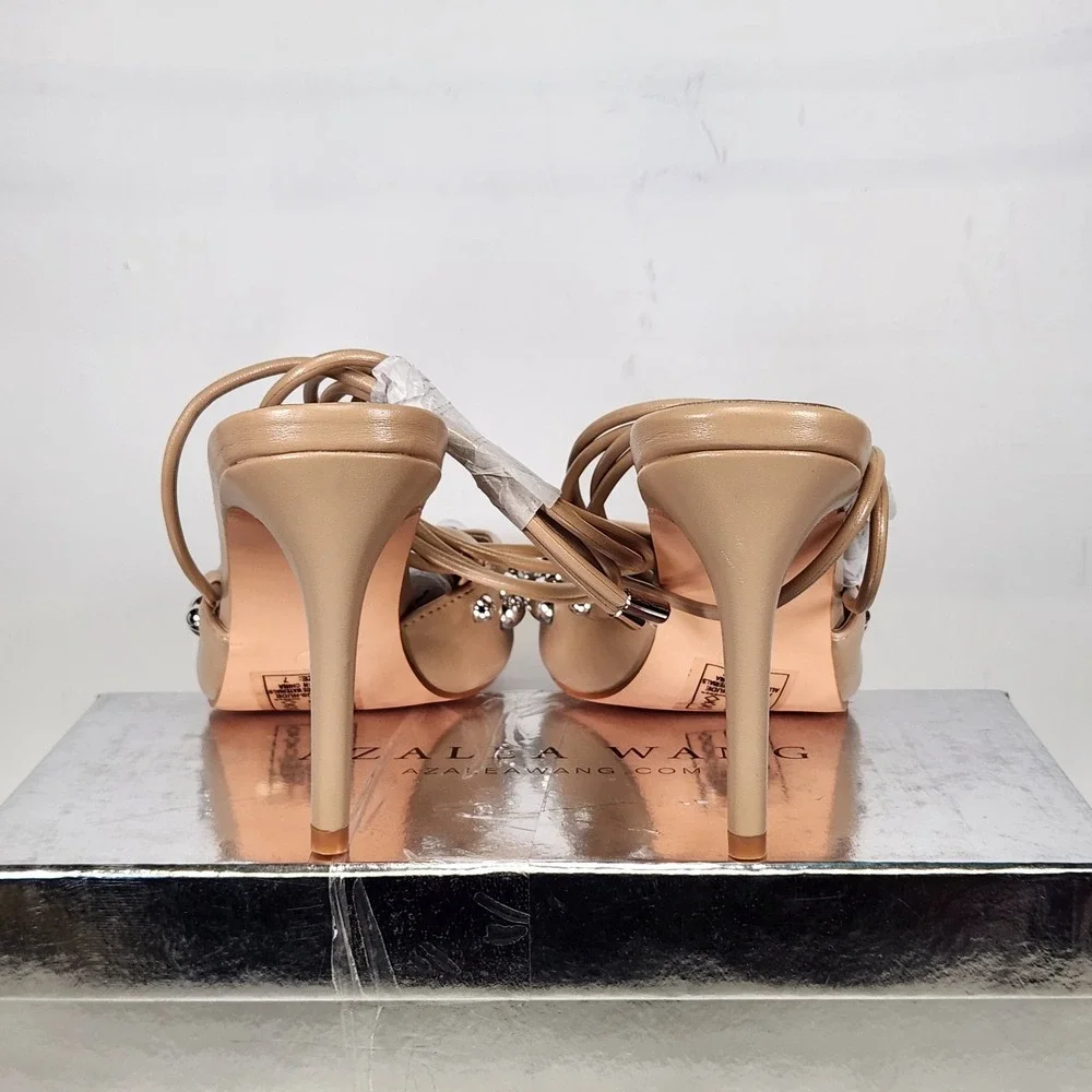 AZALEA WANG Pump Women Size 7 Nude Studded Lace Up Ankle Wrap Stiletto Heel